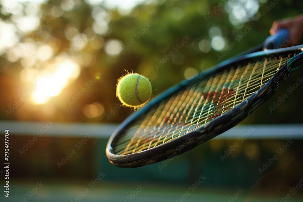 A close up of a tennis racket striking a ball,Tennis player hit shot ...