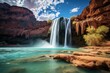 A stunning waterfall descends from the hills into a vast body of water, creating a dynamic scene of cascading water. Generative AI