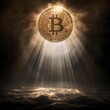 Bitcoin emerging from divine light, godly presence in the shadows, close-up, serene halo effect.