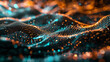 A close-up of a teal and orange digital particle wave, conveying movement and fluidity in an abstract, glowing landscape.
