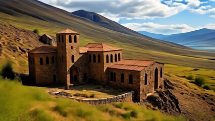 Poster -  Ancient castle on a hill overlooking a valley under a blue sky