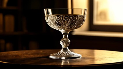 Sticker -  Elegance in glass  A vintage goblet on a wooden table