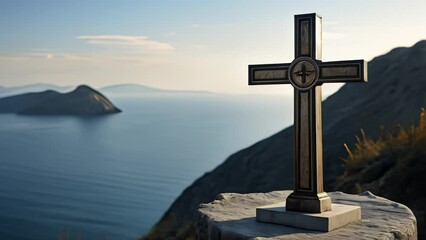 Poster -  Peaceful solitude  Cross on a cliff overlooking the sea