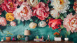 A craft room made more inspiring by a wall covered in colorful 3D peony wallpaper The vivid blooms against the muted background stir creativity and add an artistic touch to the space