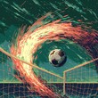 Illustrate a fantastical soccer goal with the ball seemingly defying gravity, surrounded by a swirling vortex of energy in a pixel art style for a unique twist