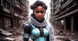A stunning sci-fi image of a resilient young white woman amid the ruins of a post-apocalyptic city.