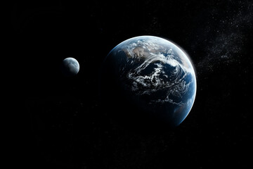 earth and its moon appear as a serene pair in the vast cosmos, surrounded by stars in the darkness