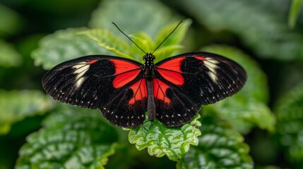 Sticker - Butterfly resting on leaf in striking red and black