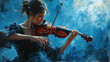 © BlueMistFilmStudios - A Beatiful Women Musician Playing with Exquisite Care Violin Oil Painting Contemporary Art on Blue Background