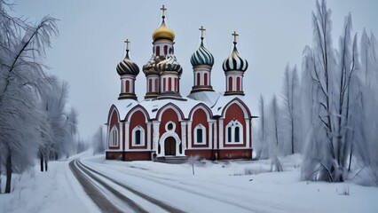 Sticker -  Snowy serenity  A winter wonderland with a traditional Russian church