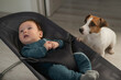 © Михаил Решетников - A dog sits next to a cute three-month-old boy dressed in a blue overalls in a baby lounger.