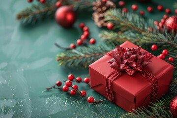 Red Christmas gift among green branches and decorations