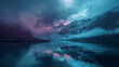 A mountain lake with a purple sky and clouds reflecting off the water