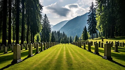 Canvas Print -  Peaceful cemetery in a serene forest setting