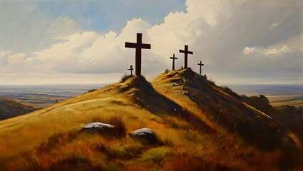 Canvas Print -  Peaceful landscape with three crosses on a hill