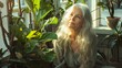 A photo of a beautiful woman with long silver hair and green eyes, sitting in a sunlit room with many green plants.