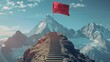 A red flag planted on the summit of a mountain peak.