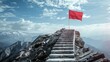 A staircase leading up to a red flag on top of a mountain.