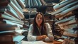 A woman sits at a desk in a room full of files. She is looking at the camera with a tired expression on her face.