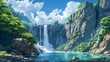 Mesmerizing portrayal of a cascading waterfall atop a lofty cliff in Japanese anime style, harmonized with billowing clouds and azure skies