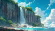 Mesmerizing illustration of a majestic waterfall flowing down a steep cliff in Japanese anime theme, harmonized with billowing clouds and clear blue skies