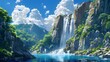 Stunning portrayal of a cascading waterfall descending from a towering cliff in Japanese anime artistry, amidst billowing clouds and vibrant blue skies