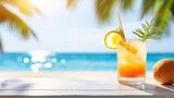 Fototapeta Zachód słońca - Cocktail on a tropical beach with palm trees and sea.