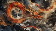 A ferocious red and gold dragon with fiery breath, depicted in dynamic watercolors, soaring through a sky of swirling black clouds, representing power and passion