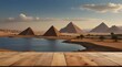 Empty wooden table with landscape of the pyramids of Cheops background.generative.ai 