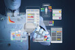 Medical technology concept with 3d rendering doctor robot with graphic interface display