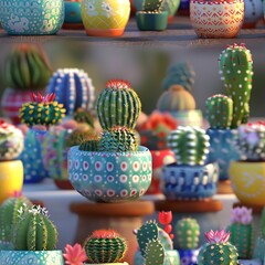 Poster - 3D miniature cacti in colorful pots, perfect for a virtual indoor garden.  Seamless Pattern, Fabric Pattern, Tumbler Wrap, Mug Wrap.