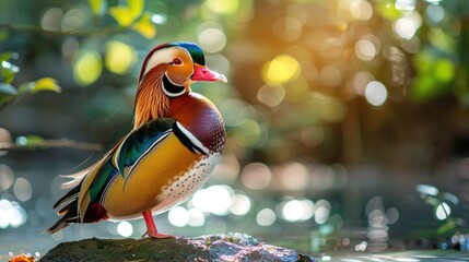 Wall Mural - Majestic Mandarin duck standing by a pond in the sunlight