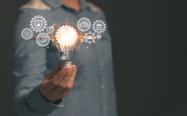 Poster - Light bulb in hand. Concept of big data analysis and new business innovation ideas. Using ai to search for different data. Finance, banks, security. Data transfer using cloud technology.