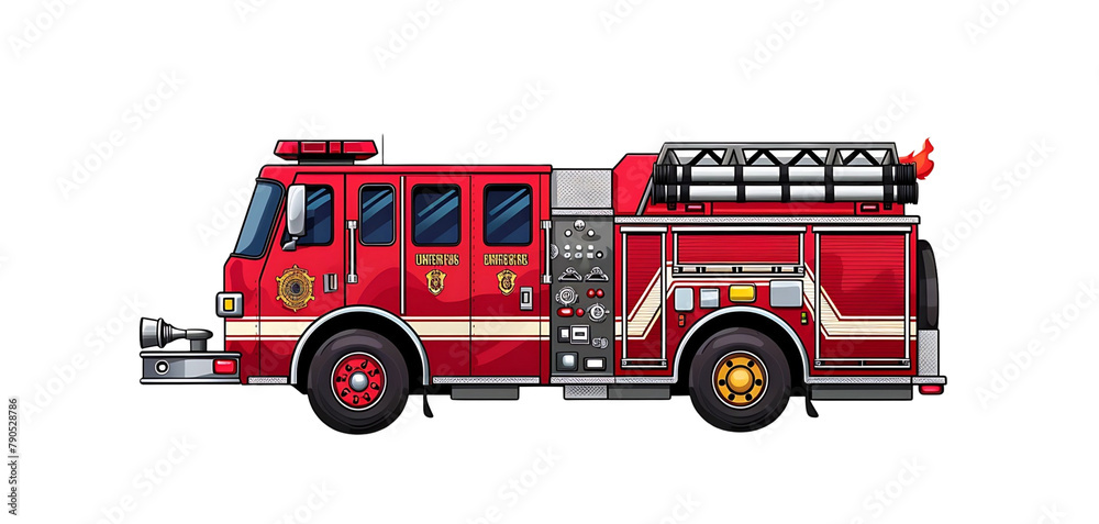 Detailed vector illustration of a red fire engine with extended ladder ...