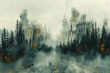 Fototapeta  - Digital collage depicting roads and buildings superimposed on forest backdrop, visual metaphor for habitat fragmentation due to development