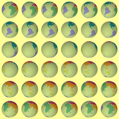 Poster - Collection of earth globes. Tilted sphere view. Rotation step 10 degrees. Colored continents style. World map with dense graticule lines on chroma background. Fresh vector illustration.