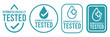 © IQ art_Design - Set dermatologically tested vector label with water drop, leaf and hand logo. Dermatology test and dermatologist clinically proven icon for allergy free and healthy safe product package tag.