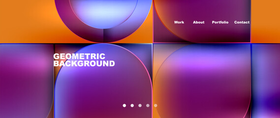 Fototapete - The geometric background features circles and squares in shades of purple, violet, electric blue, and magenta. It represents material properties such as gas, liquid, and automotive lighting