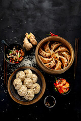 Wall Mural - Chinese dumplings, soy sauce, mushrooms on dark background. traditional asian food concept