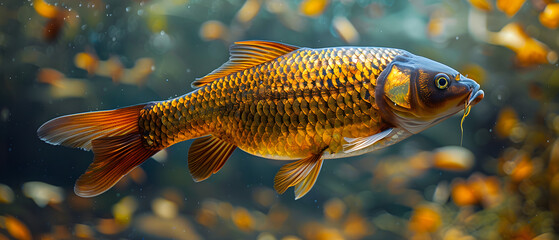 Shiny golden crucian carp swimming leisurely in the water