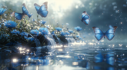 Sustainable Serenity: Blue Butterflies and Hydroelectric Water Wheel in Watercolor