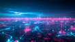 © Asad - A vast digital landscape illuminated by a network of interconnected neon nodes and low poly structures, showcasing the expanse of future communication networks.