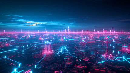 Wall Mural - A vast digital landscape illuminated by a network of interconnected neon nodes and low poly structures, showcasing the expanse of future communication networks.