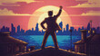 Concept of victory and success. Back view of a businessman raising his hand facing city skyline during sunset. Pixelated vintage game style.