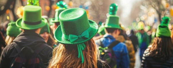 A festive crowd donning green hats gathers to celebrate Saint Patrick's Day, signaling joy and community