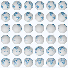 Poster - Collection of earth globes. Normal sphere view. Rotation step 10 degrees. Colored countries style. World map with graticule lines on light background. Grand vector illustration.