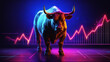 A bull in neon with stock market graph in background 