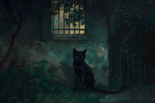 A Black Thief Cat Sits In Front Of A House With A Green Leaf. Generative AI