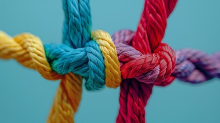 Team rope diverse strength connect partnership together teamwork unity communicate support. Strong diverse network rope team concept integrate braid color background cooperation empower power. 