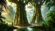 In the middle of the jungle, two huge trees surrounded by many vines where humidity is king are located on an islet where many characters work. This islet is surrounded by AI Generated